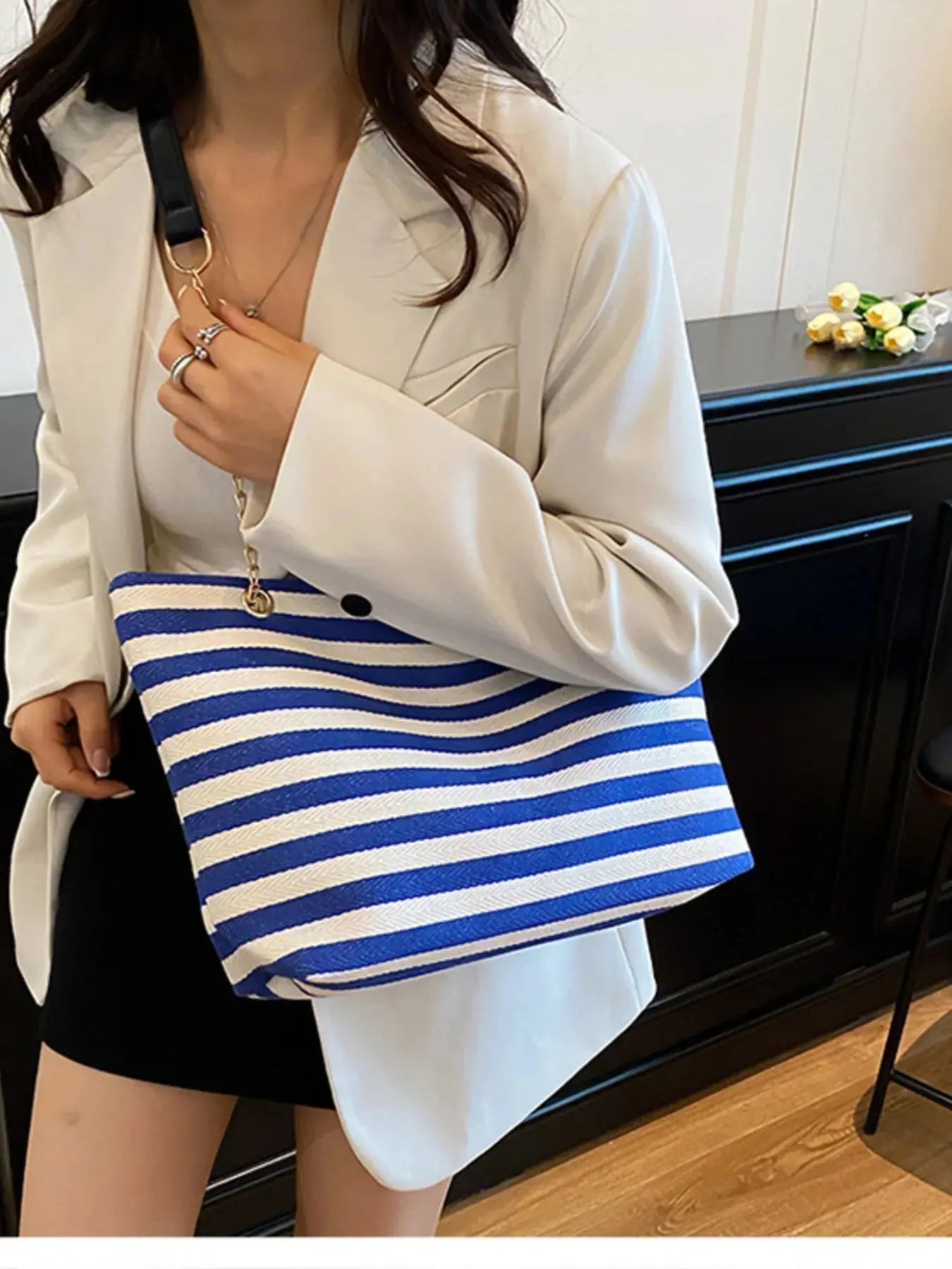 Striped Shoulder Bag with Chain Detail - Charmdeals