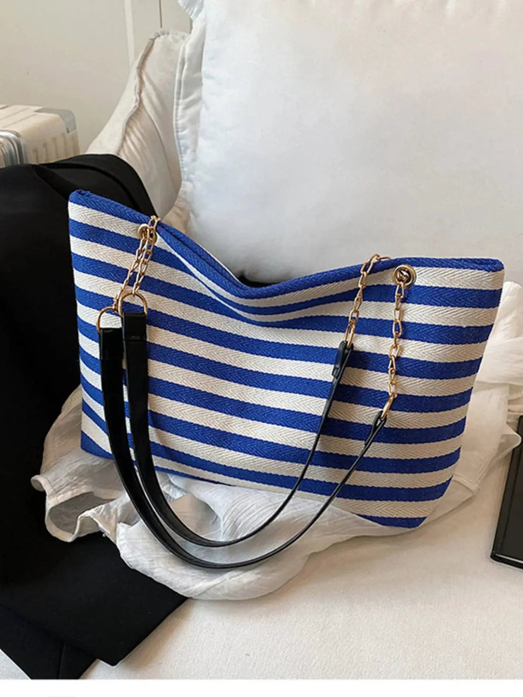 Striped Shoulder Bag with Chain Detail - Charmdeals