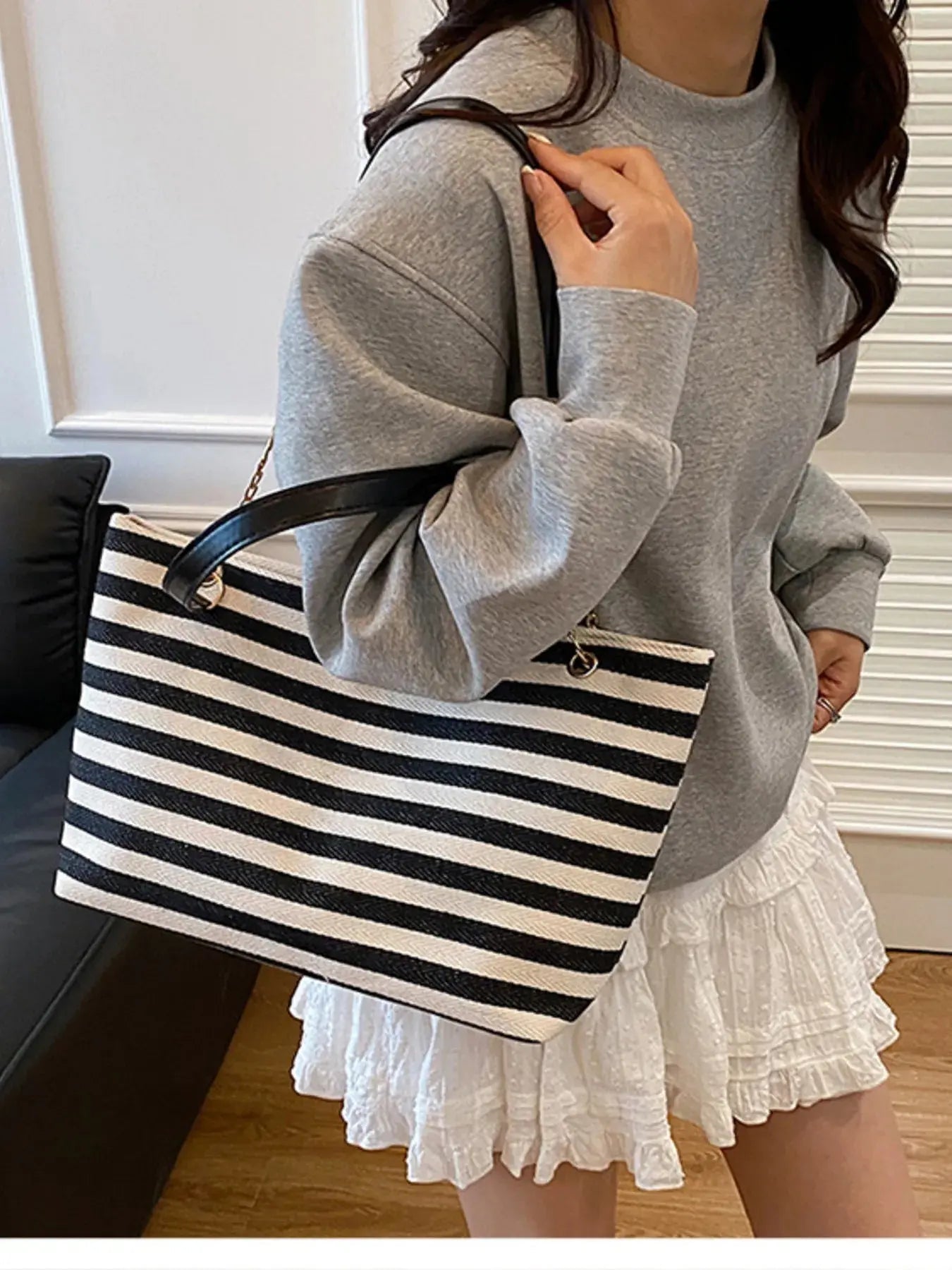 Striped Shoulder Bag with Chain Detail - Charmdeals