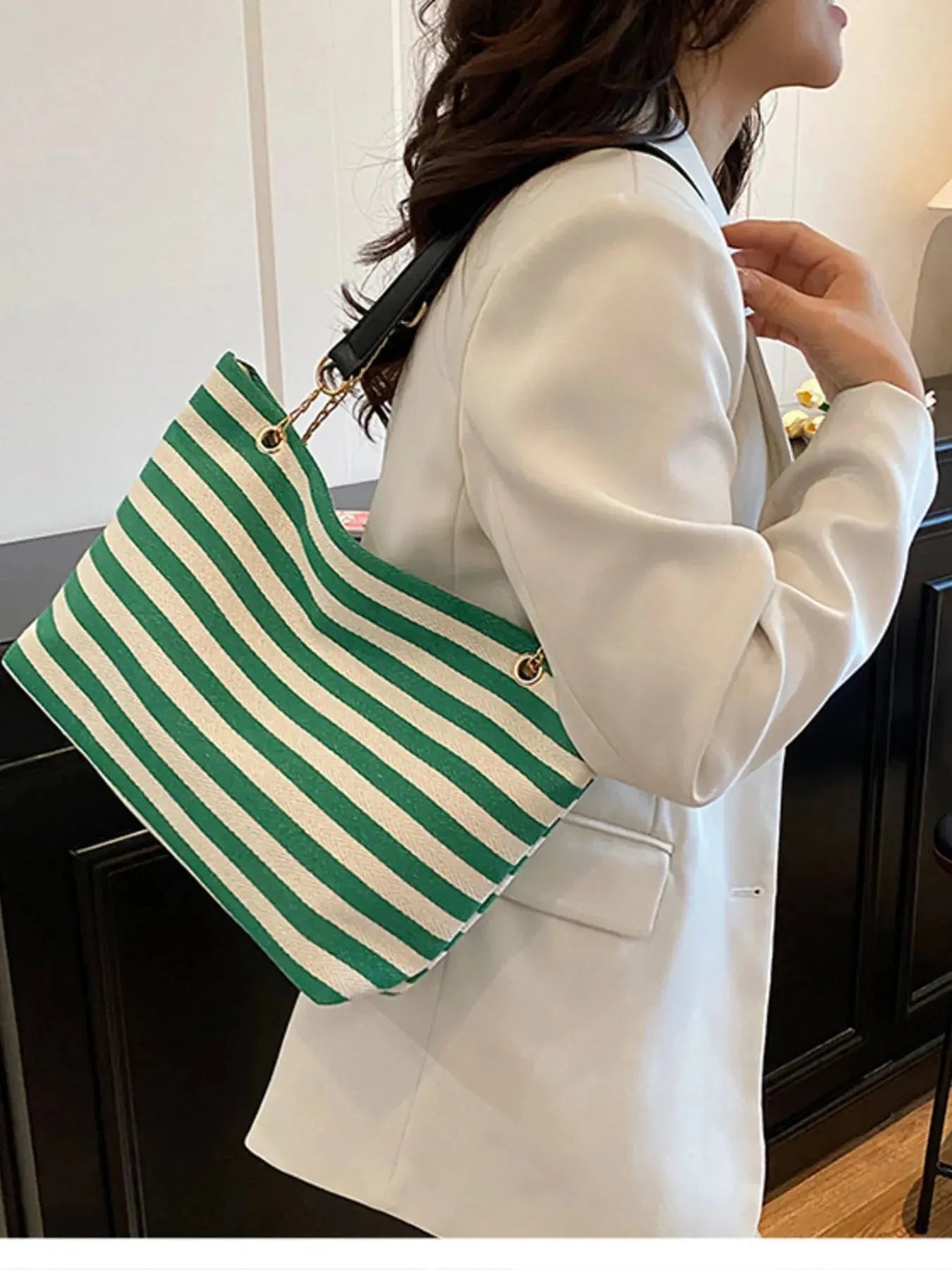 Striped Shoulder Bag with Chain Detail - Charmdeals