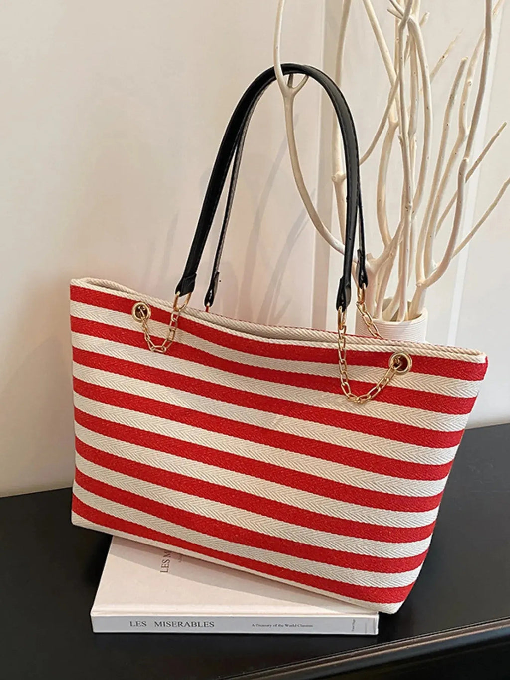Striped Shoulder Bag with Chain Detail - Charmdeals