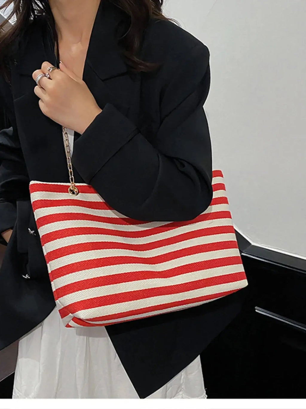 Striped Shoulder Bag with Chain Detail - Charmdeals
