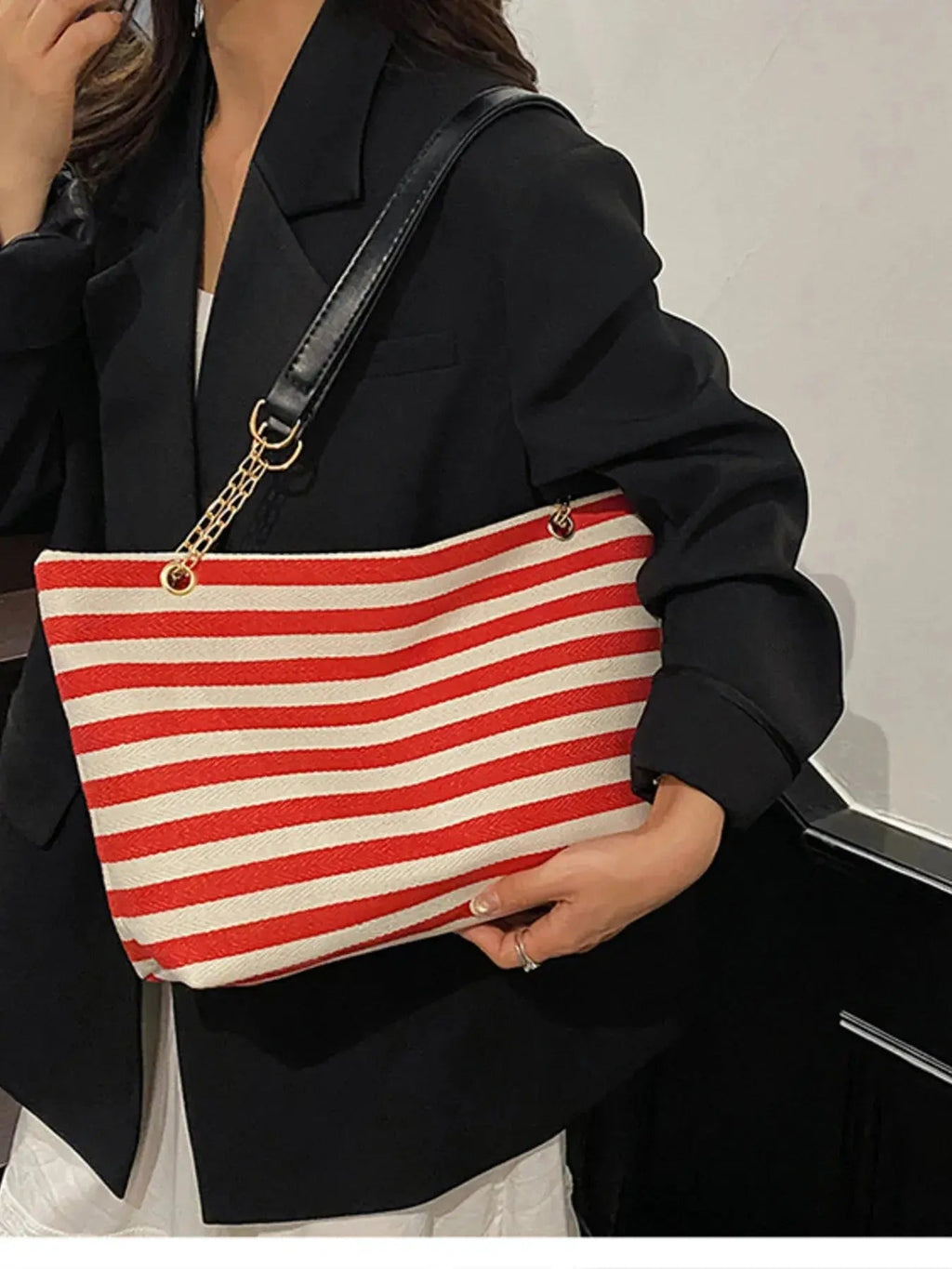 Striped Shoulder Bag with Chain Detail - Charmdeals