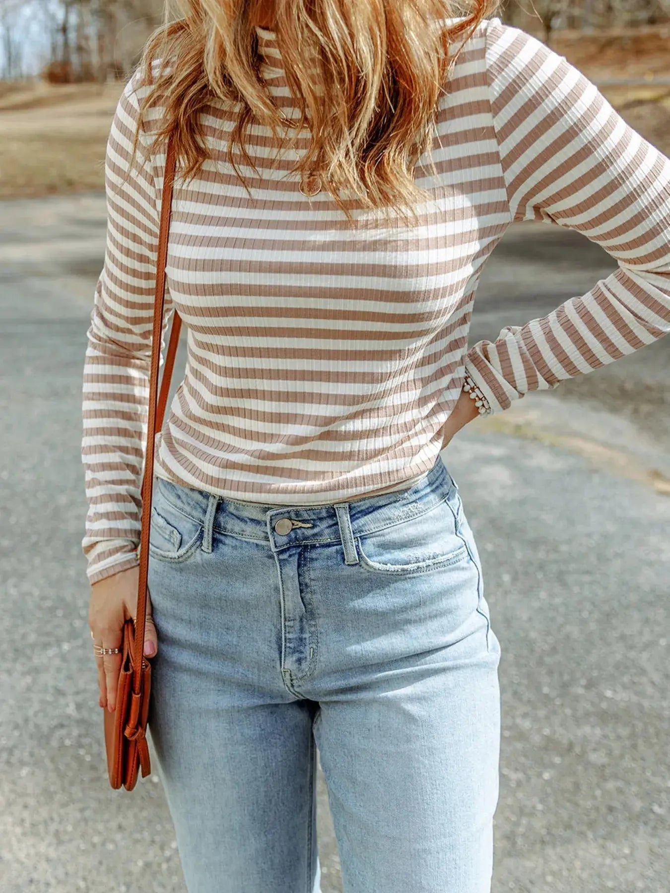 Striped Textured Knit Long Sleeve Tee - Charmdeals