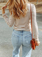 Striped Textured Knit Long Sleeve Tee - Charmdeals