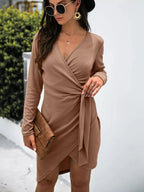 Surplice Long Sleeve Side Tie Dress - Charmdeals