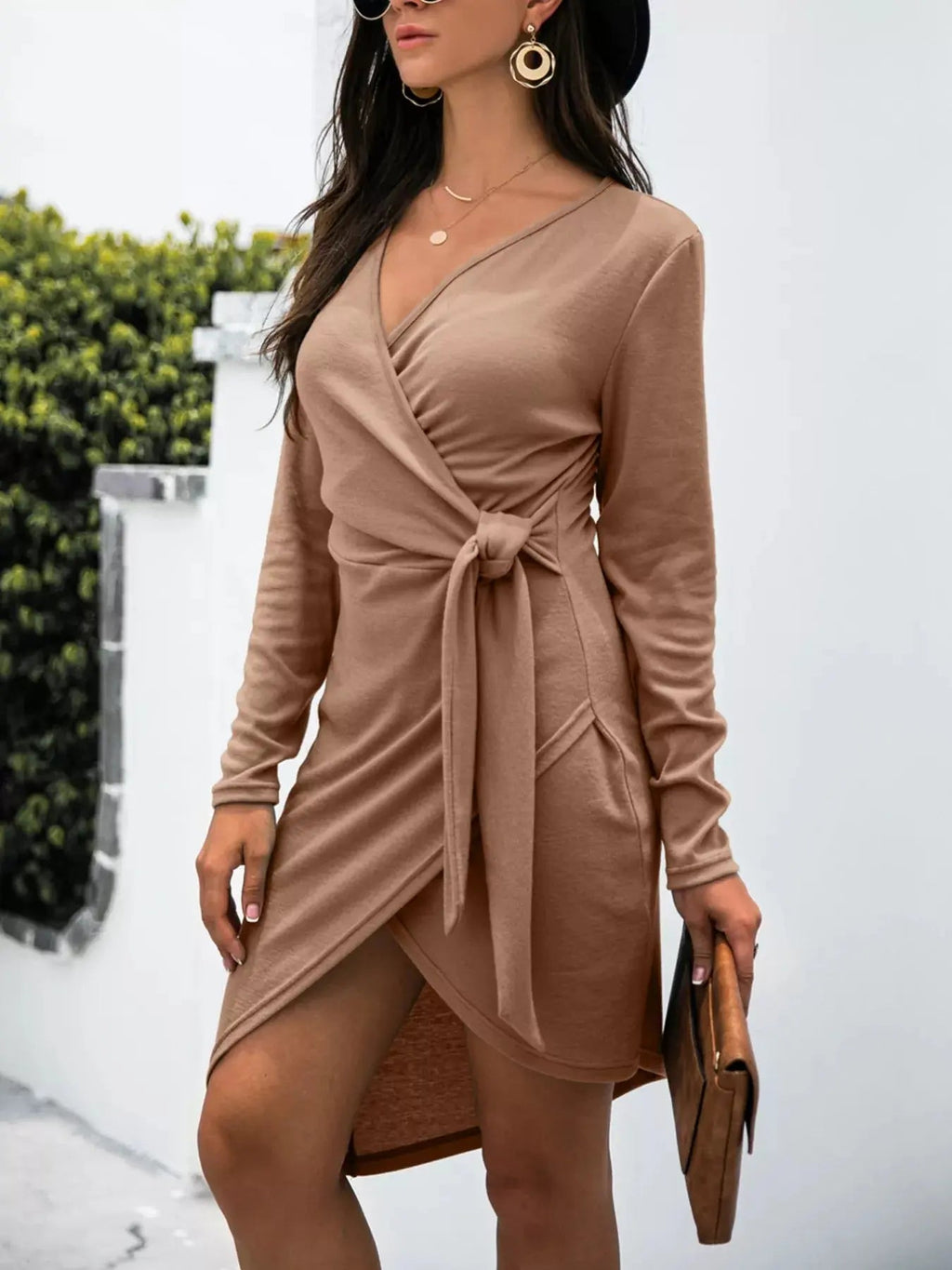Surplice Long Sleeve Side Tie Dress - Charmdeals