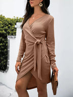 Surplice Long Sleeve Side Tie Dress - Charmdeals