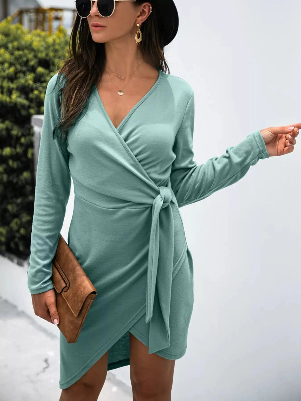 Surplice Long Sleeve Side Tie Dress - Charmdeals