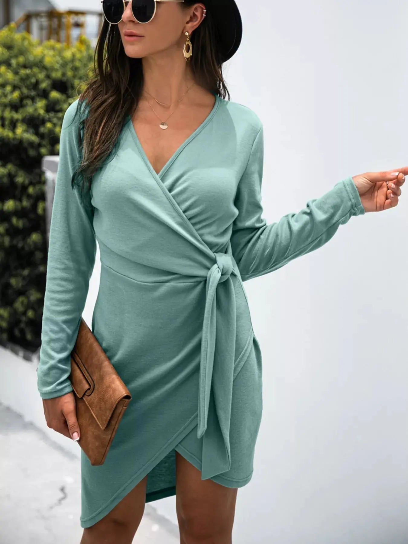 Surplice Long Sleeve Side Tie Dress - Charmdeals