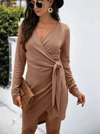 Surplice Long Sleeve Side Tie Dress - Charmdeals