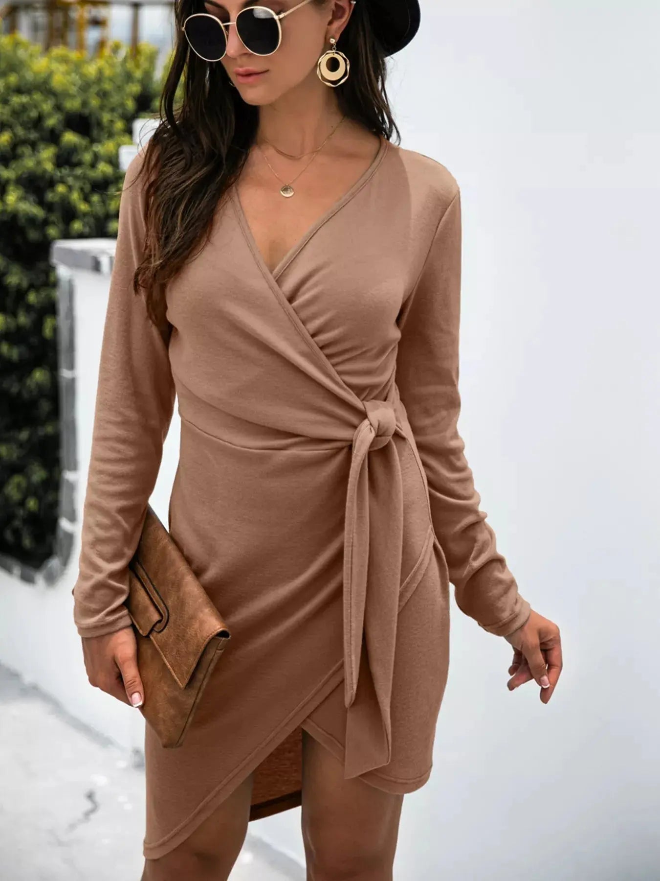 Surplice Long Sleeve Side Tie Dress - Charmdeals