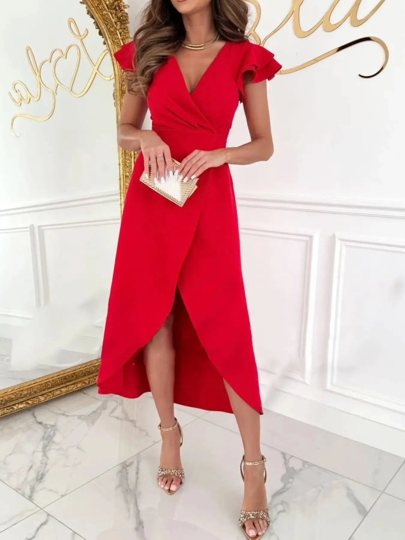 Surplice Ruffled Cap Sleeve Dress - Charmdeals