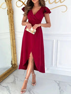 Surplice Ruffled Cap Sleeve Dress - Charmdeals