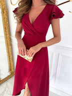 Surplice Ruffled Cap Sleeve Dress - Charmdeals