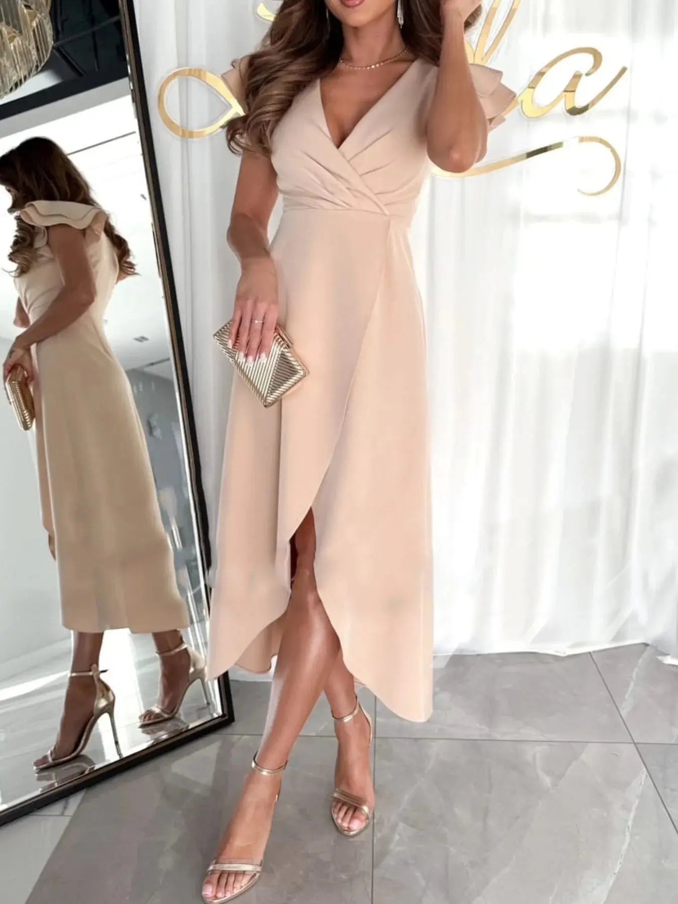 Surplice Ruffled Cap Sleeve Dress - Charmdeals