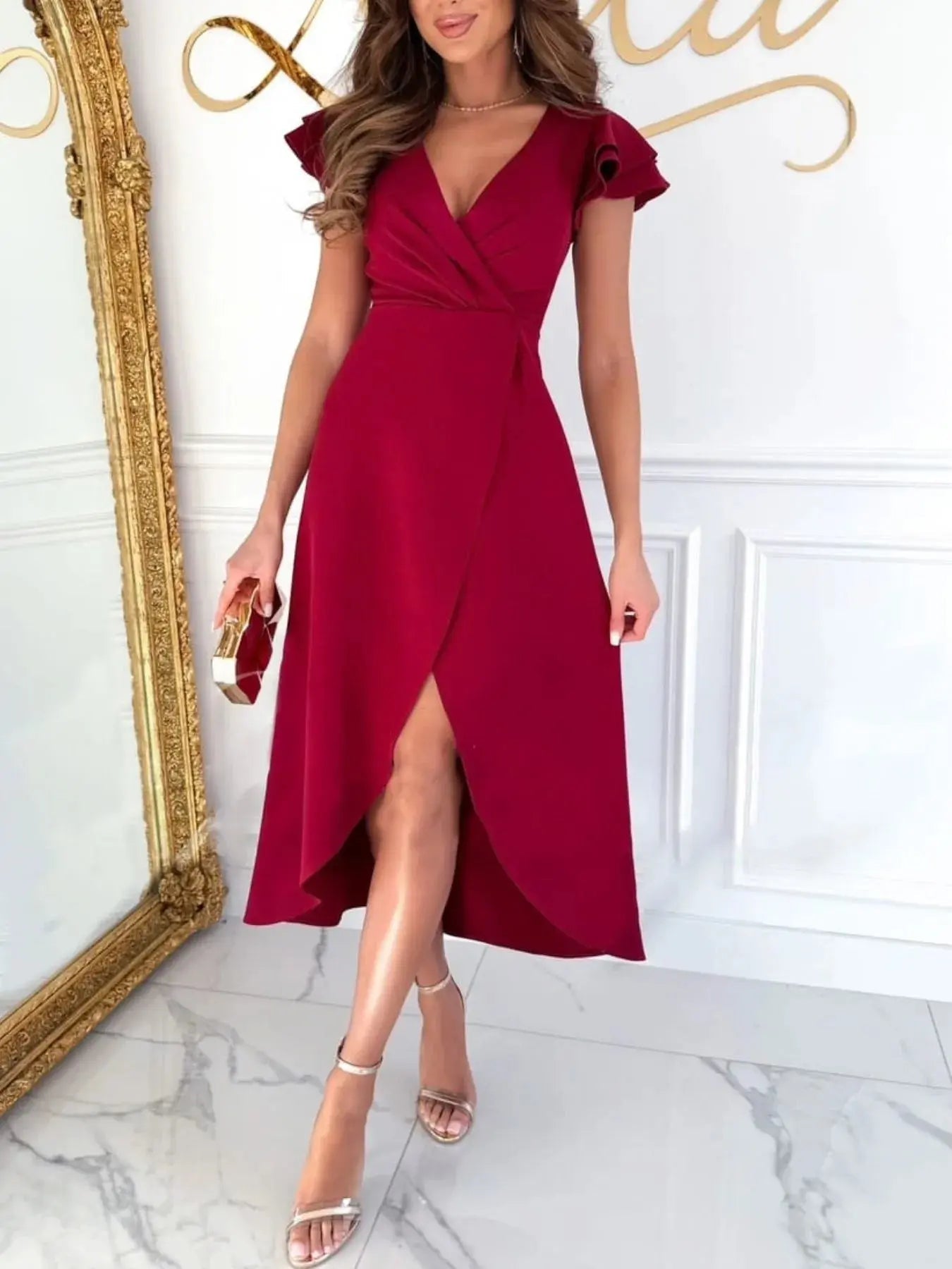 Surplice Ruffled Cap Sleeve Dress - Charmdeals
