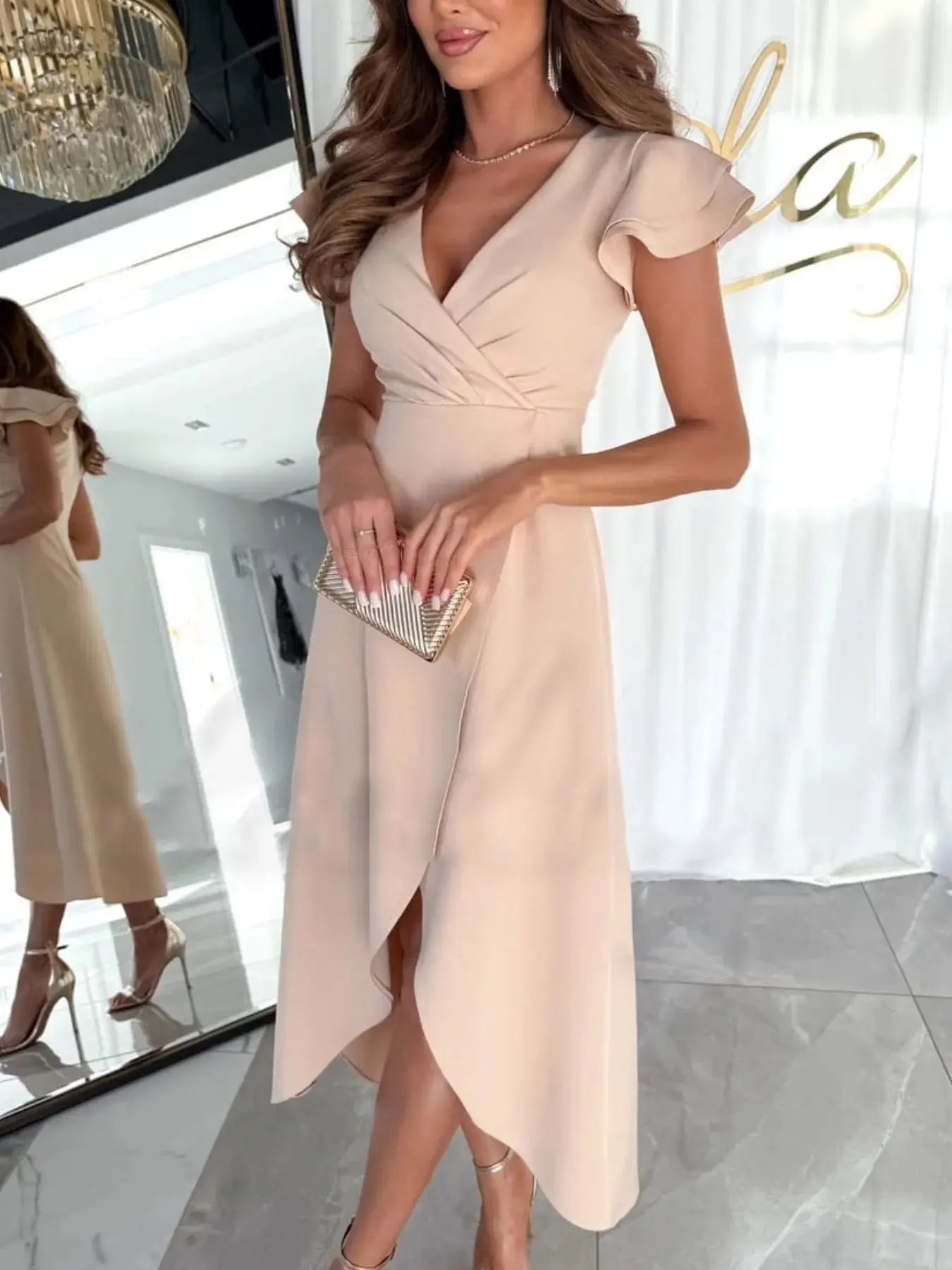 Surplice Ruffled Cap Sleeve Dress - Charmdeals