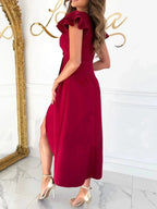 Surplice Ruffled Cap Sleeve Dress - Charmdeals