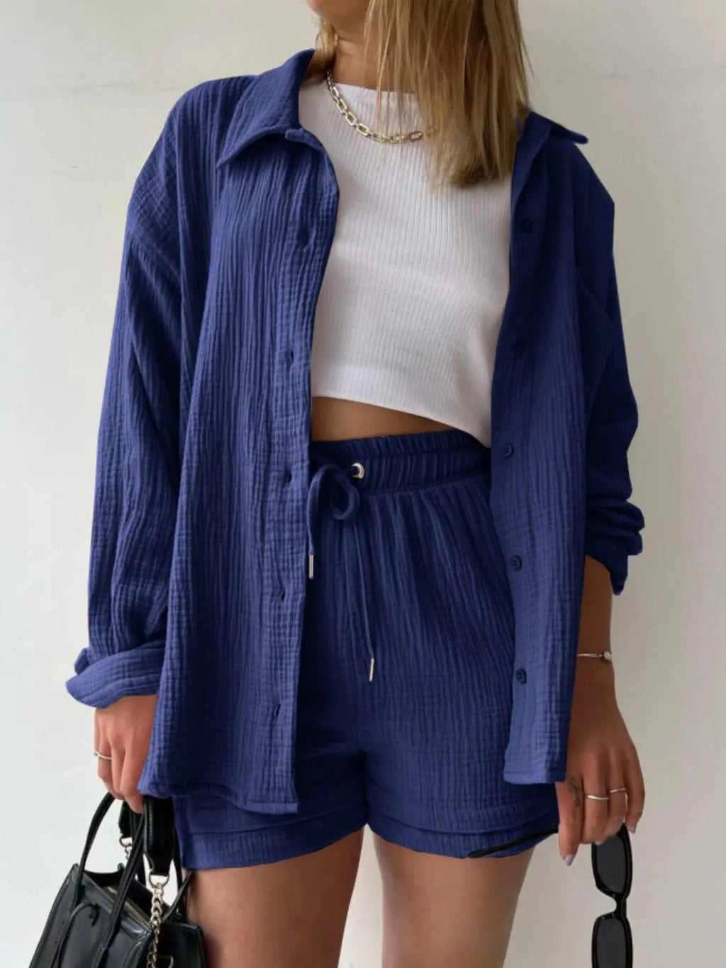 Textured Button Up Shirt and Shorts Set - Charmdeals