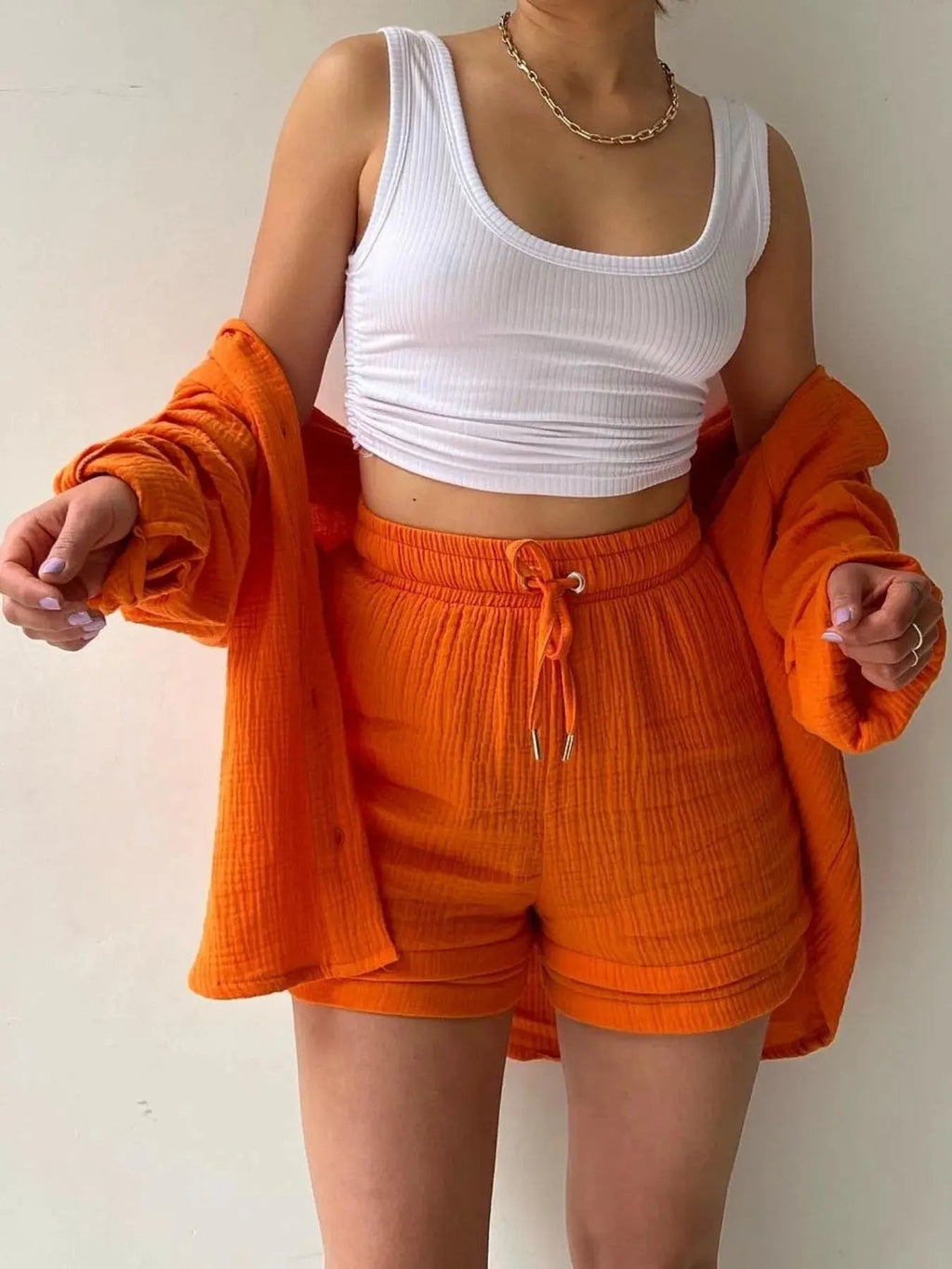 Textured Button Up Shirt and Shorts Set - Charmdeals