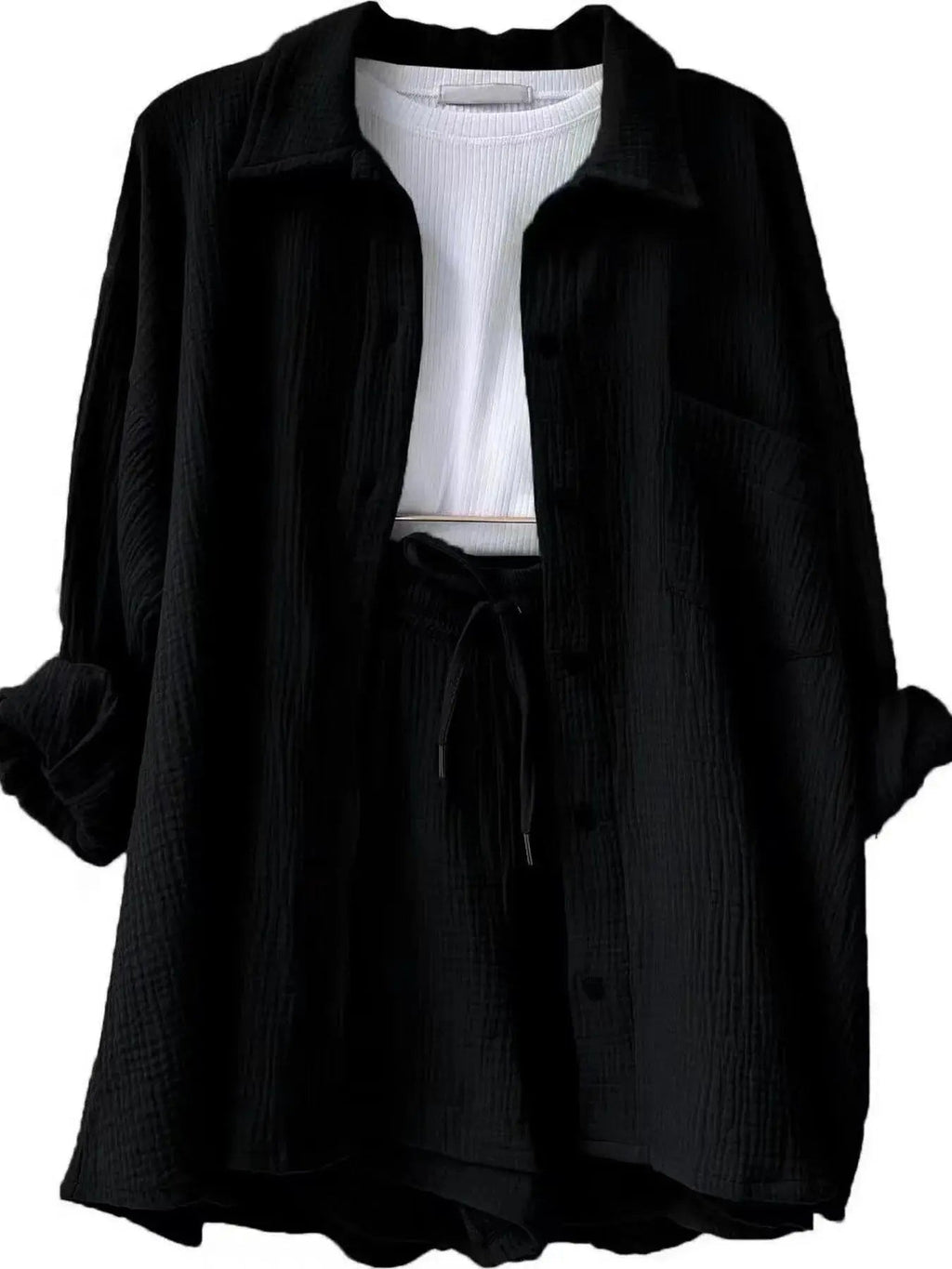 Textured Button Up Shirt and Shorts Set - Charmdeals