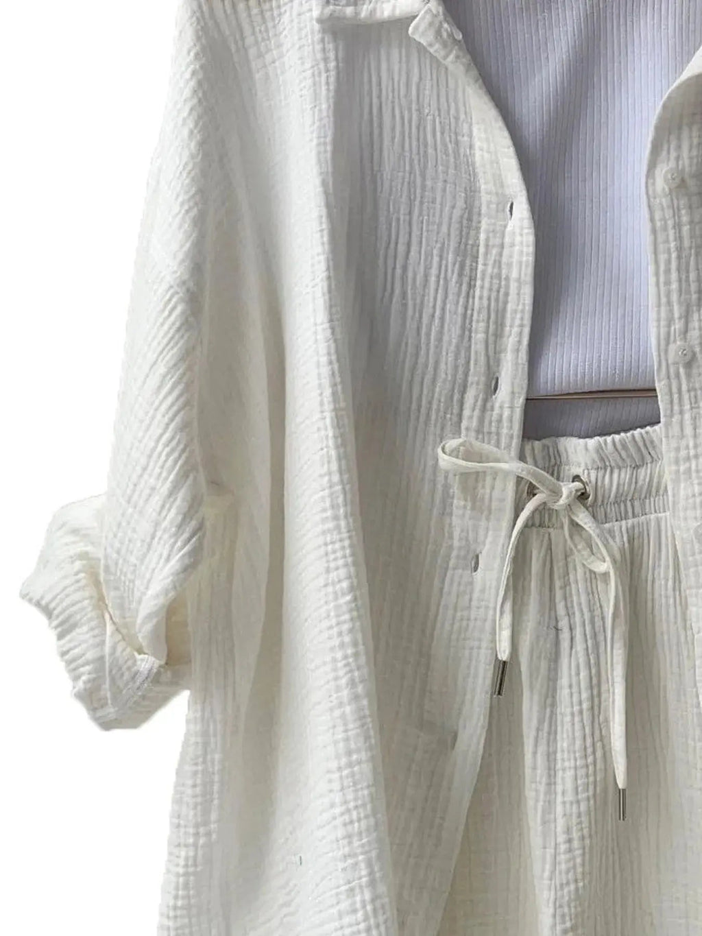 Textured Button Up Shirt and Shorts Set - Charmdeals