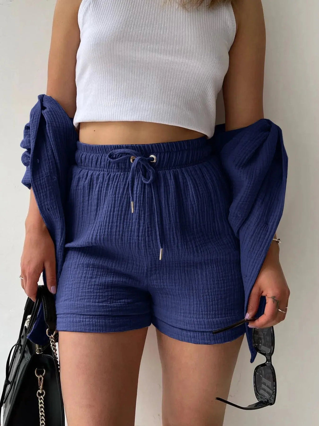 Textured Button Up Shirt and Shorts Set - Charmdeals