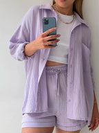 Textured Button Up Shirt and Shorts Set - Charmdeals