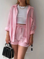 Textured Button Up Shirt and Shorts Set - Charmdeals
