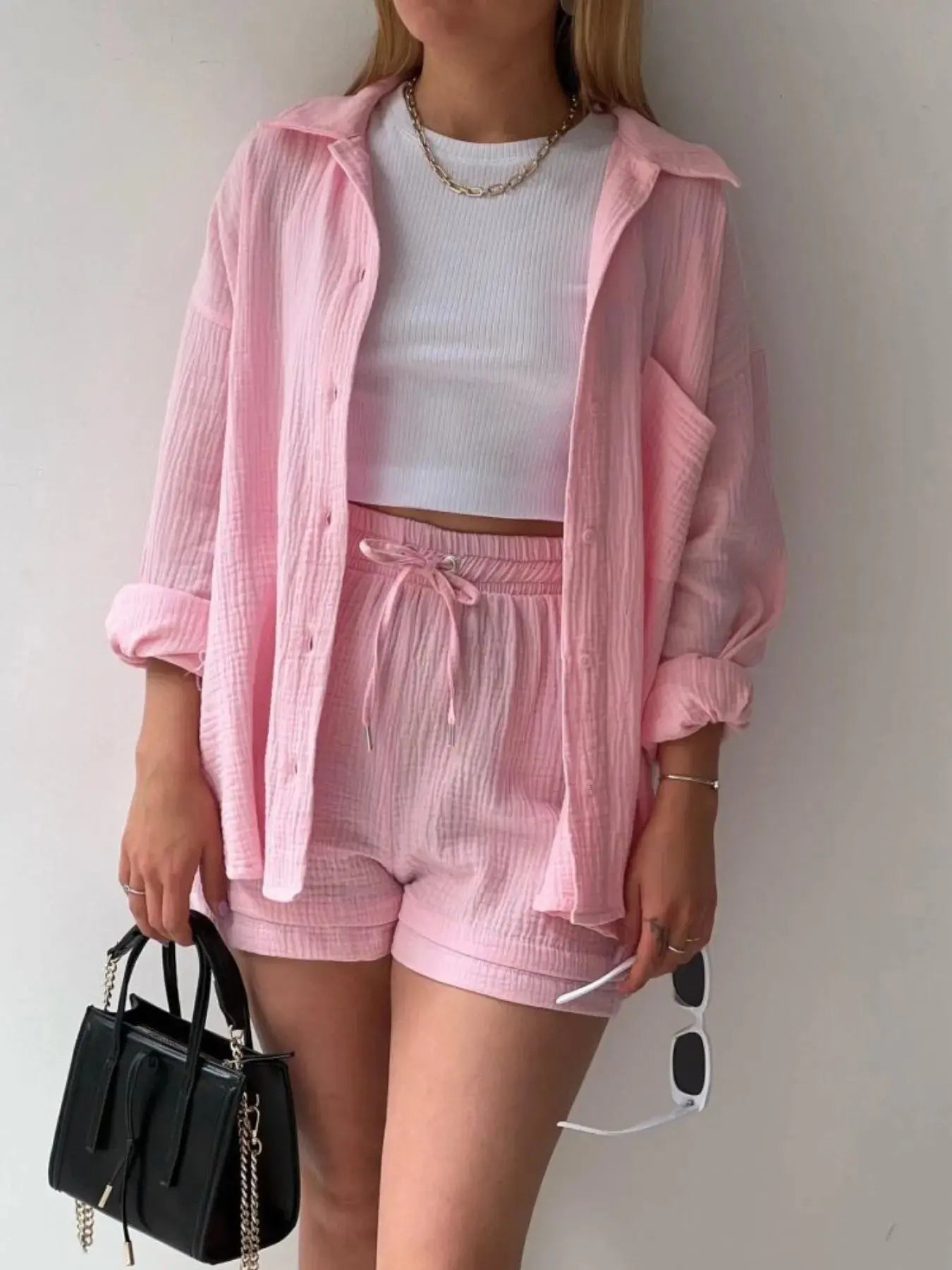 Textured Button Up Shirt and Shorts Set - Charmdeals