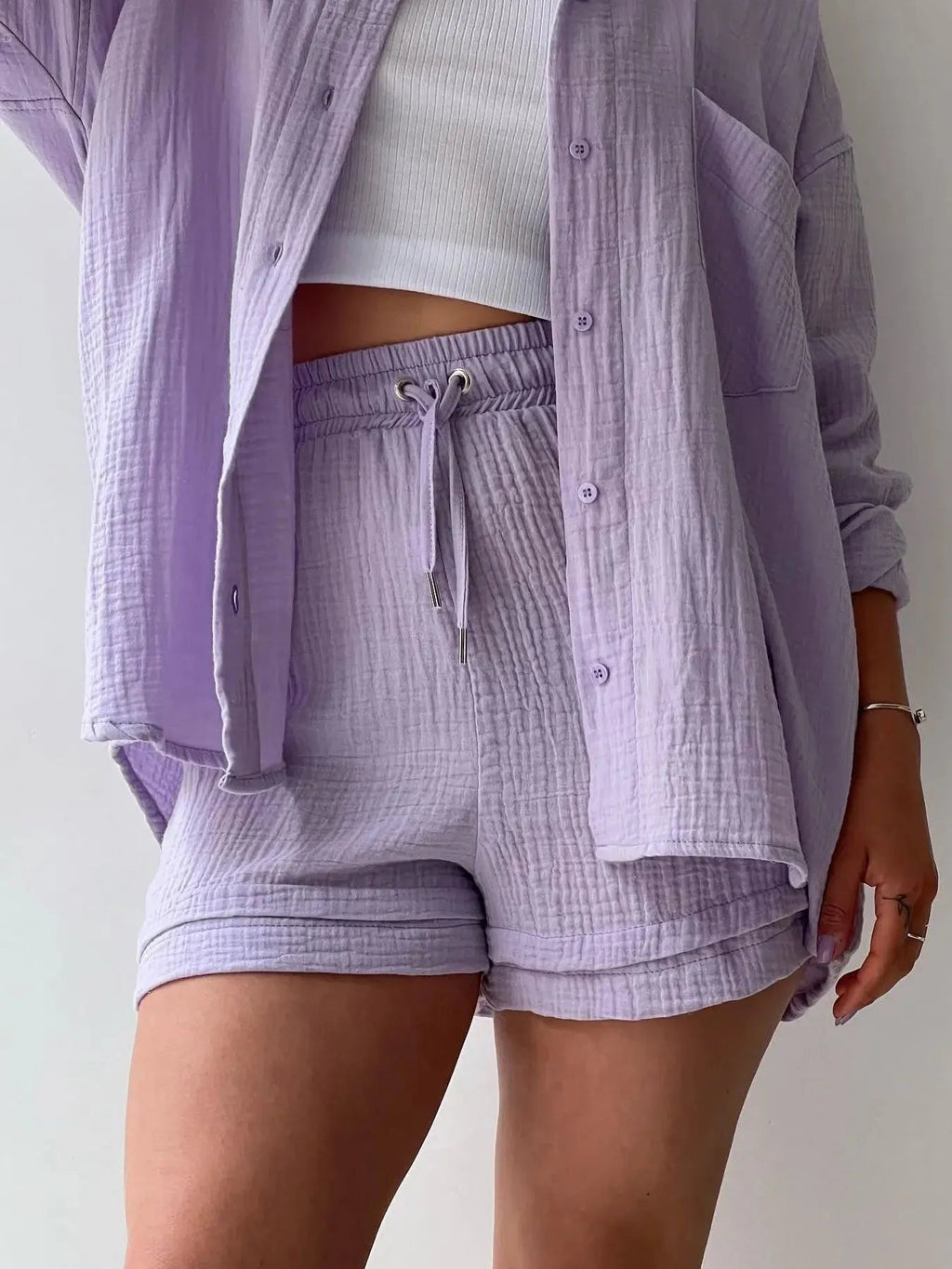 Textured Button Up Shirt and Shorts Set - Charmdeals