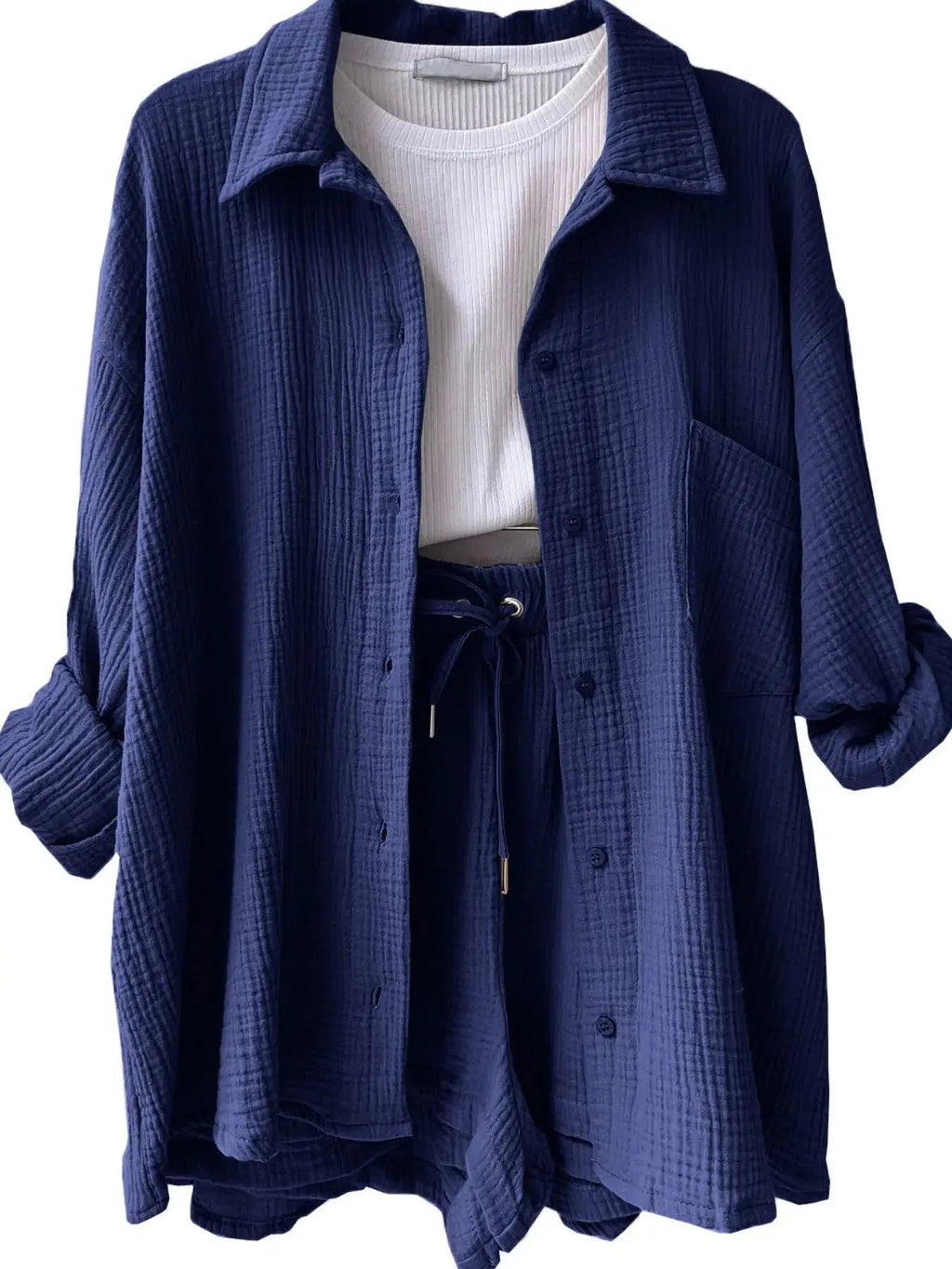 Textured Button Up Shirt and Shorts Set - Charmdeals