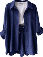 Textured Button Up Shirt and Shorts Set - Charmdeals