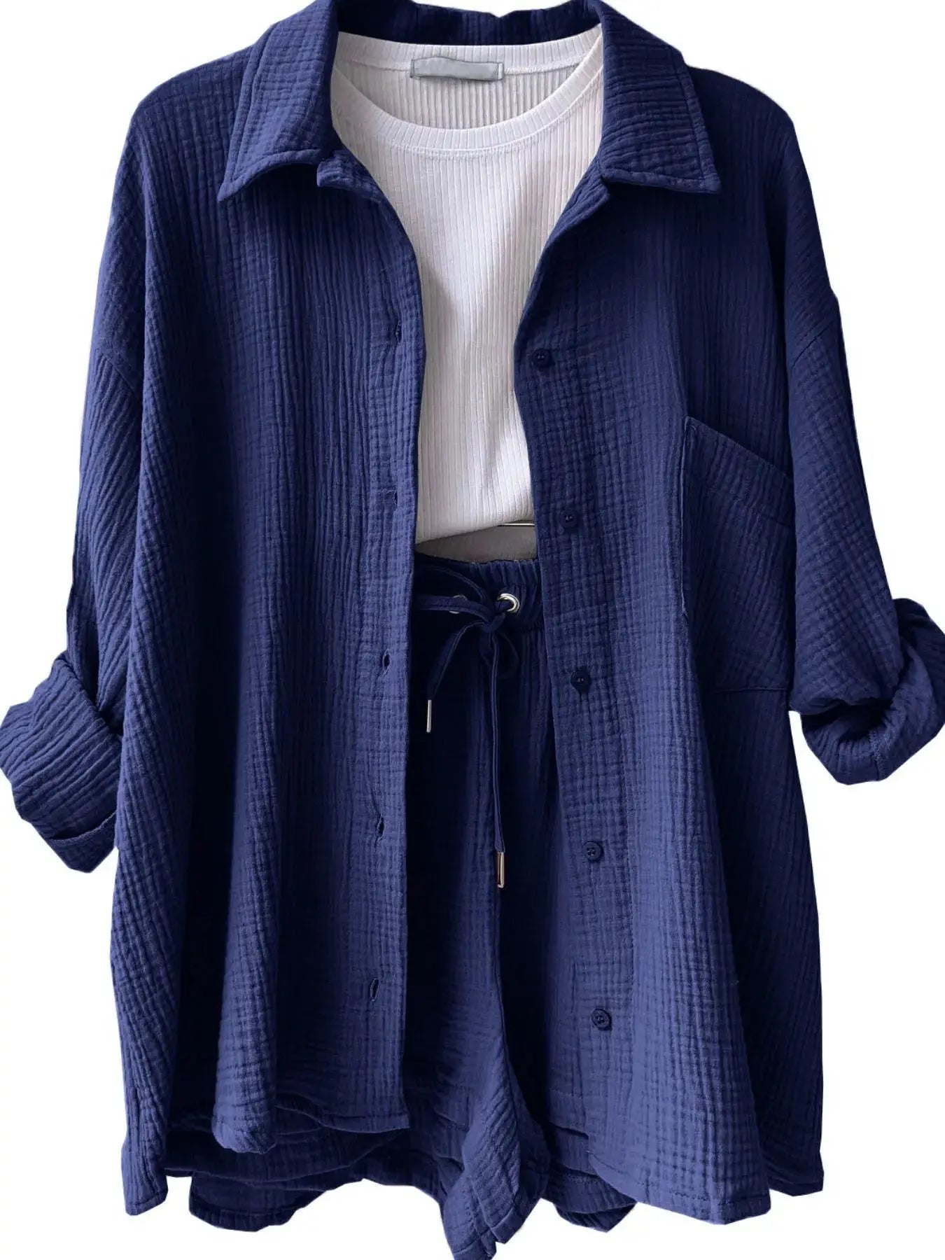 Textured Button Up Shirt and Shorts Set - Charmdeals