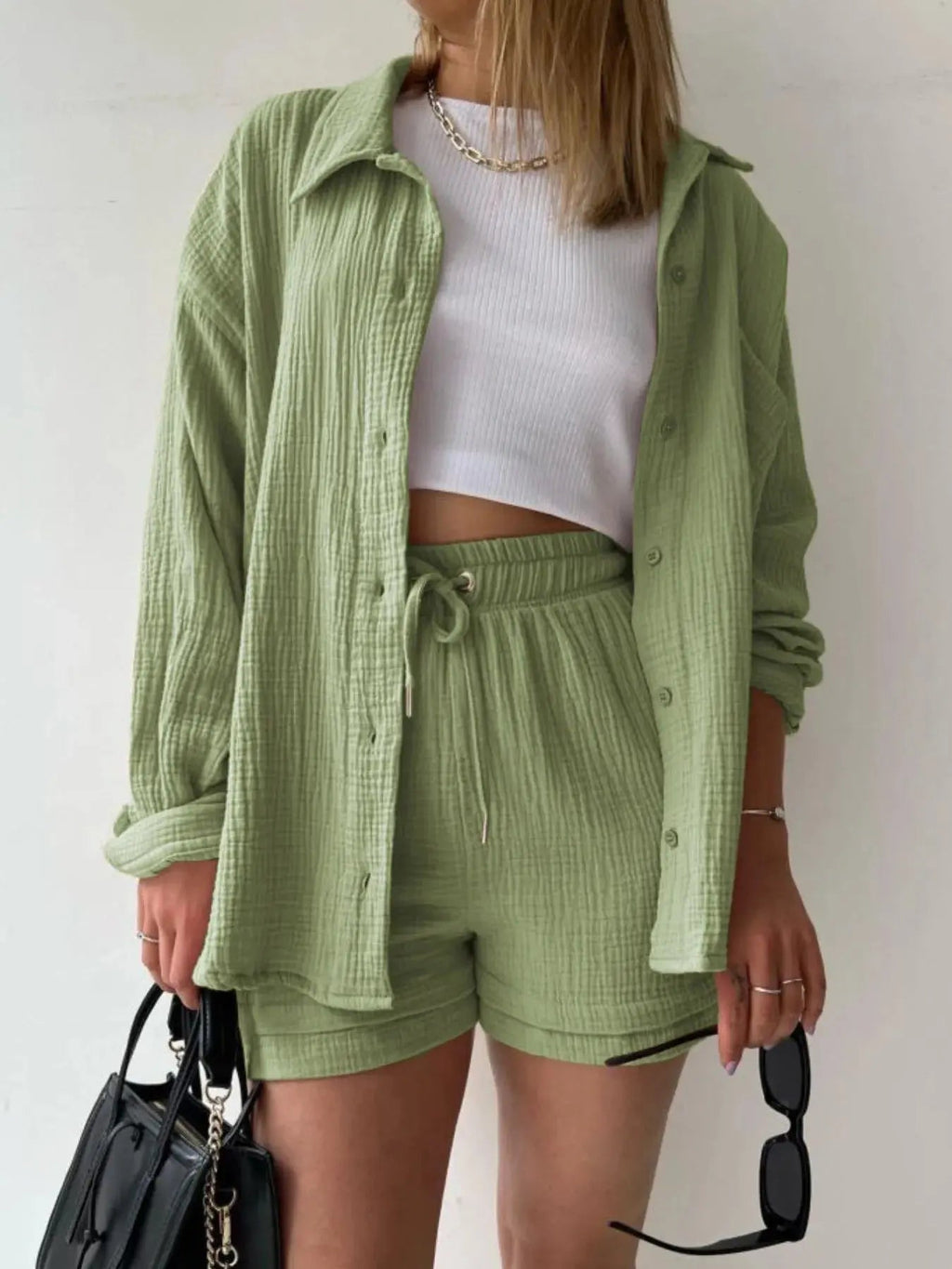 Textured Button Up Shirt and Shorts Set - Charmdeals
