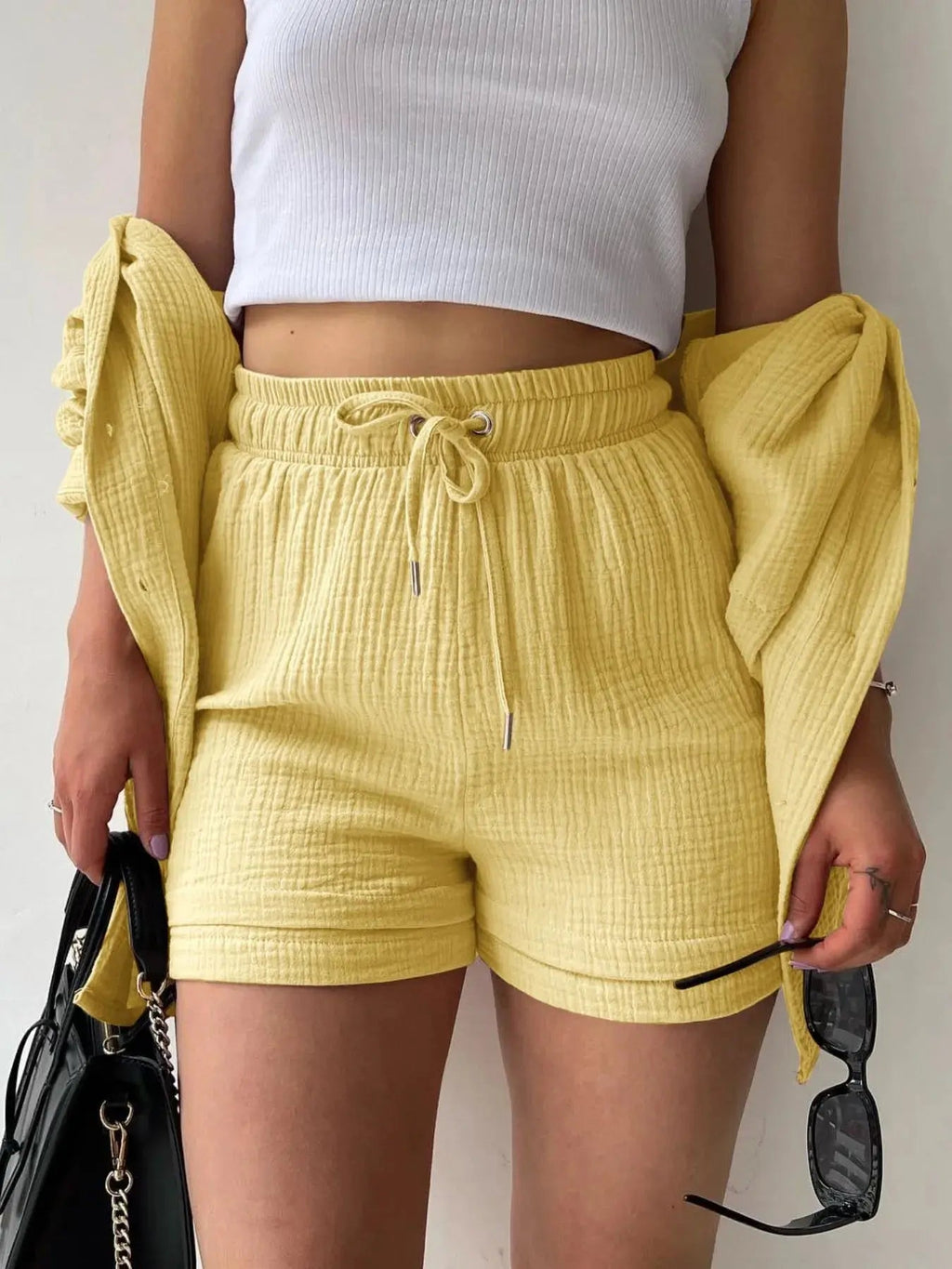 Textured Button Up Shirt and Shorts Set - Charmdeals