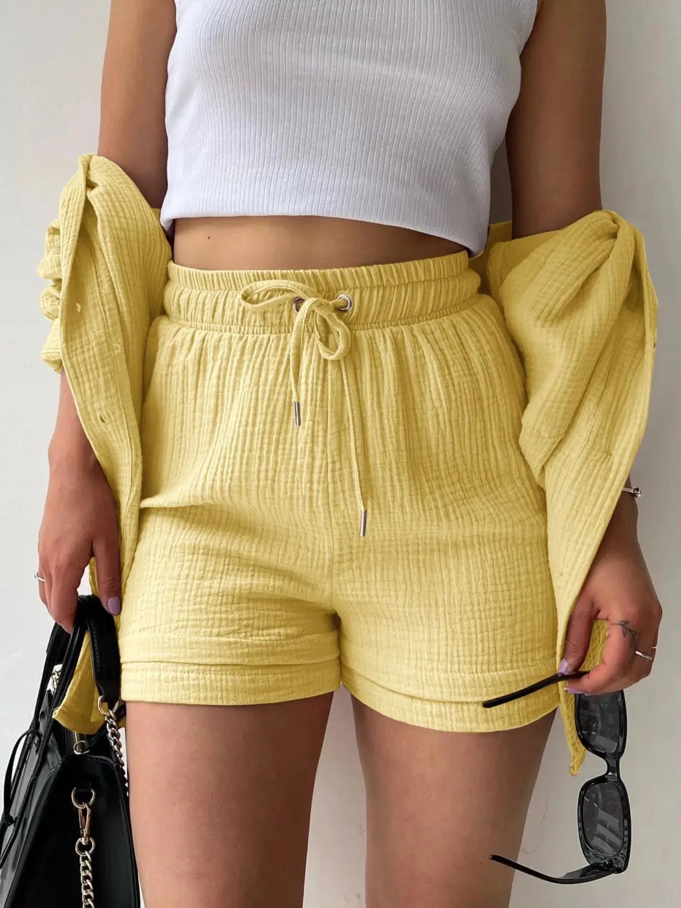 Textured Button Up Shirt and Shorts Set - Charmdeals