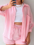 Textured Button Up Shirt and Shorts Set - Charmdeals