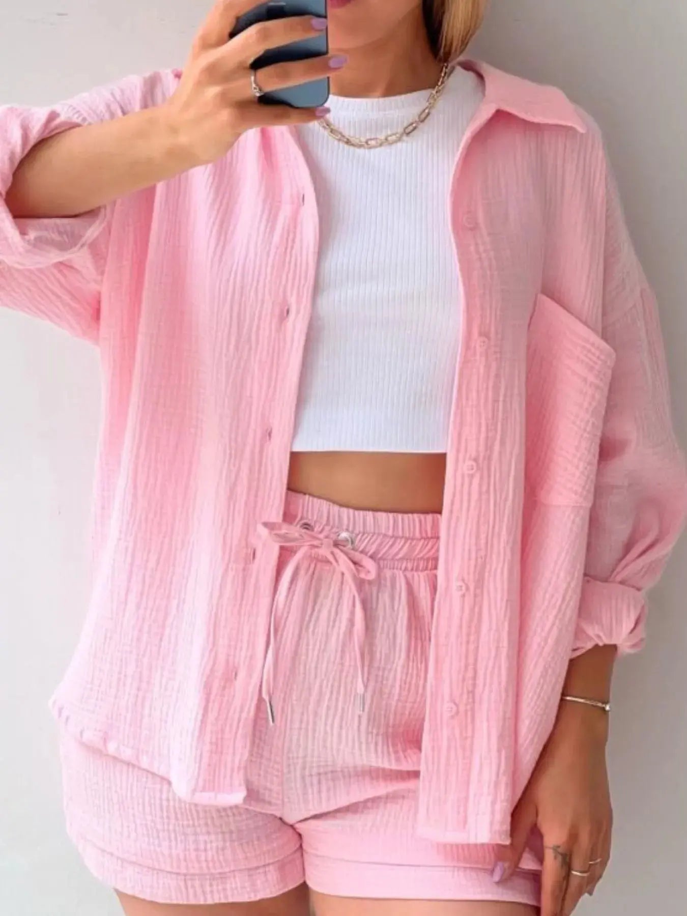 Textured Button Up Shirt and Shorts Set - Charmdeals