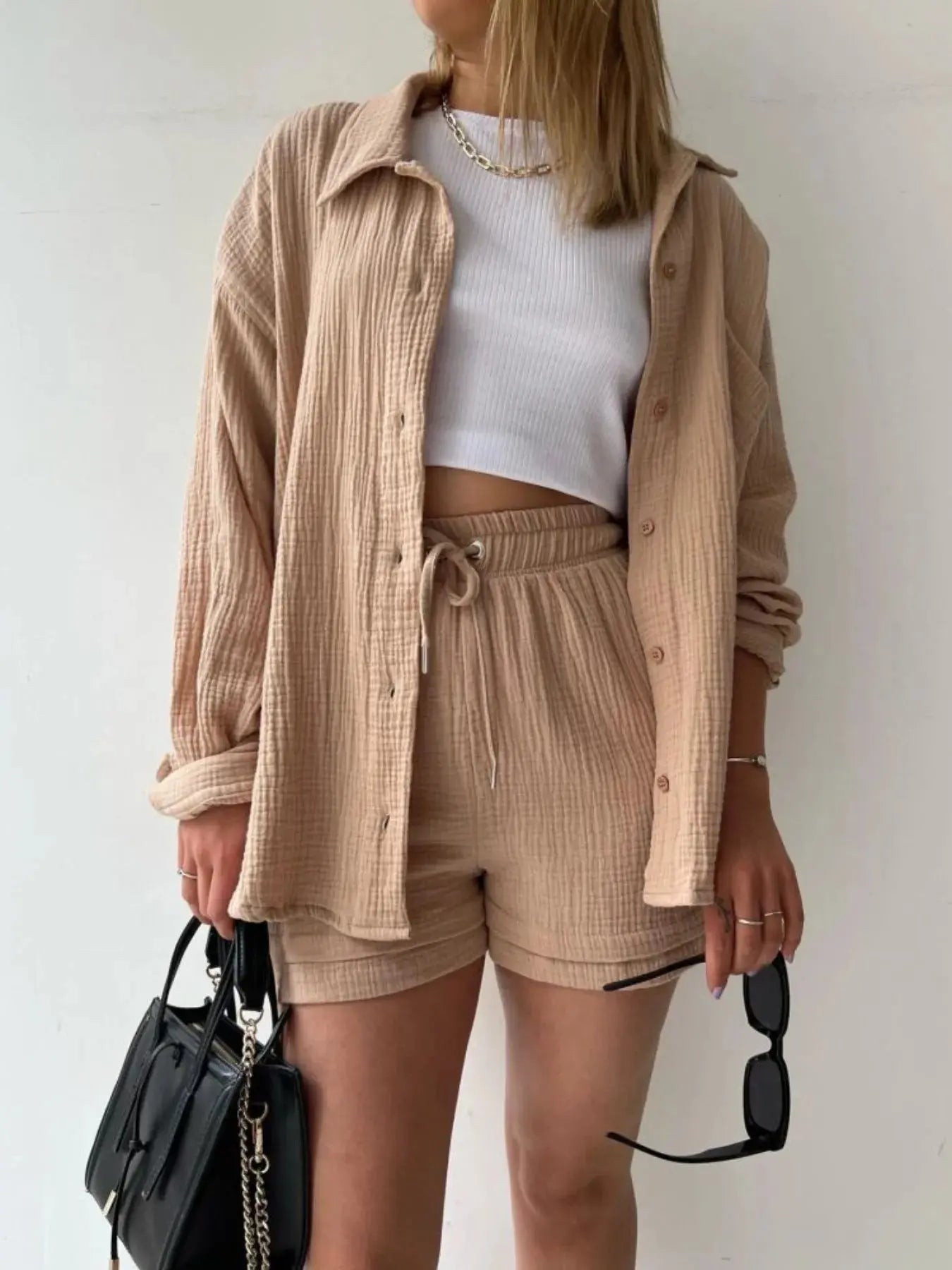 Textured Button Up Shirt and Shorts Set - Charmdeals