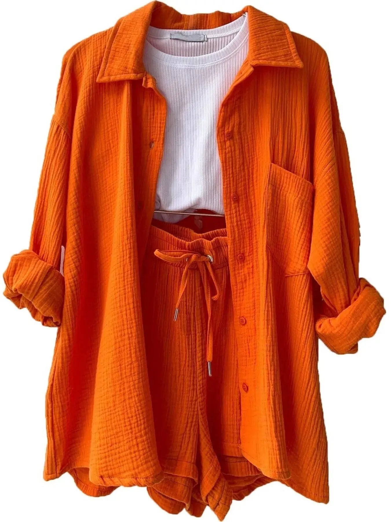 Textured Button Up Shirt and Shorts Set - Charmdeals