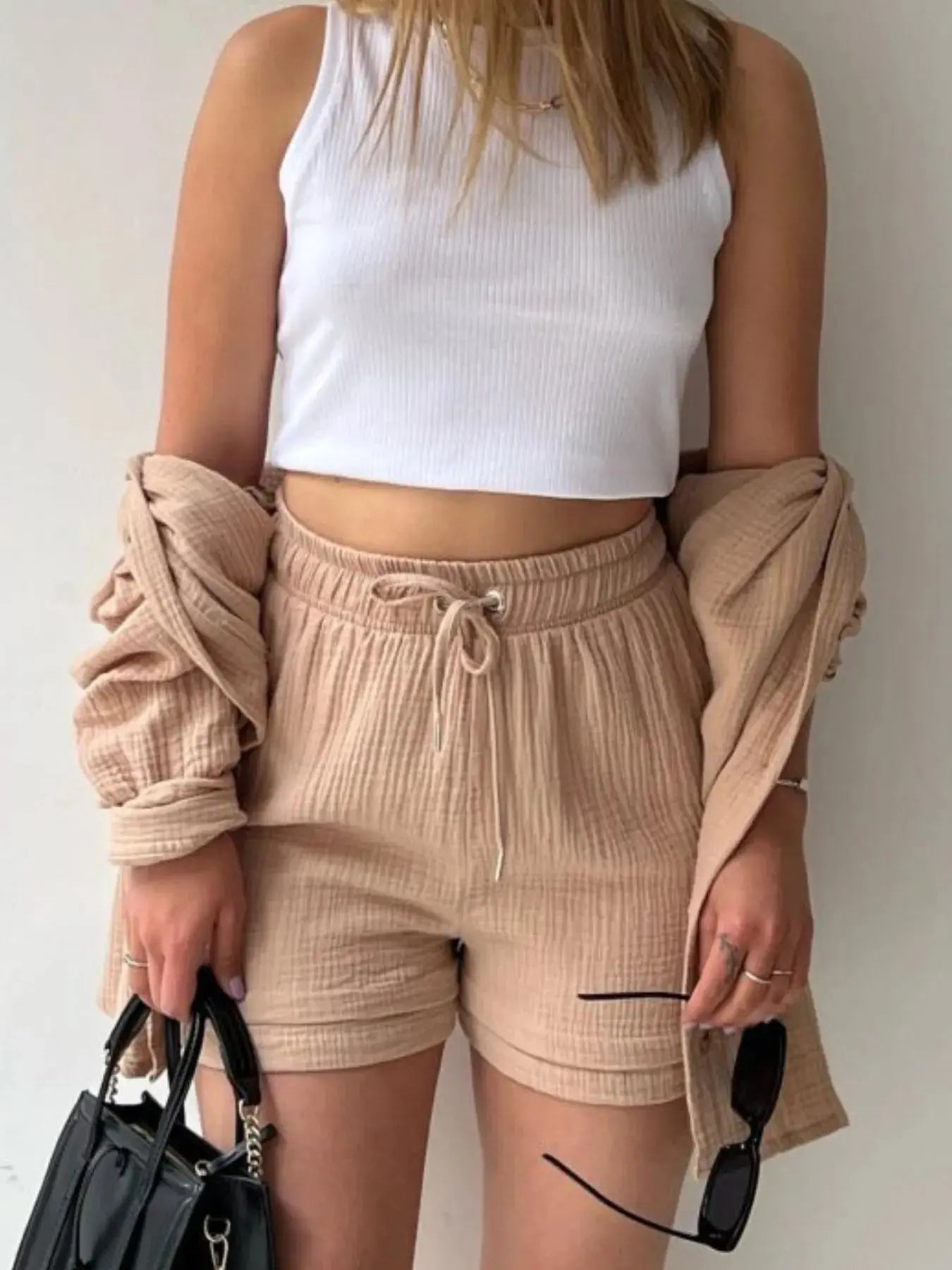 Textured Button Up Shirt and Shorts Set - Charmdeals