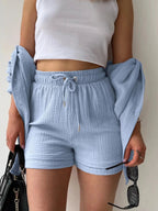 Textured Button Up Shirt and Shorts Set - Charmdeals