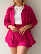 Textured Button Up Shirt and Shorts Set - Charmdeals