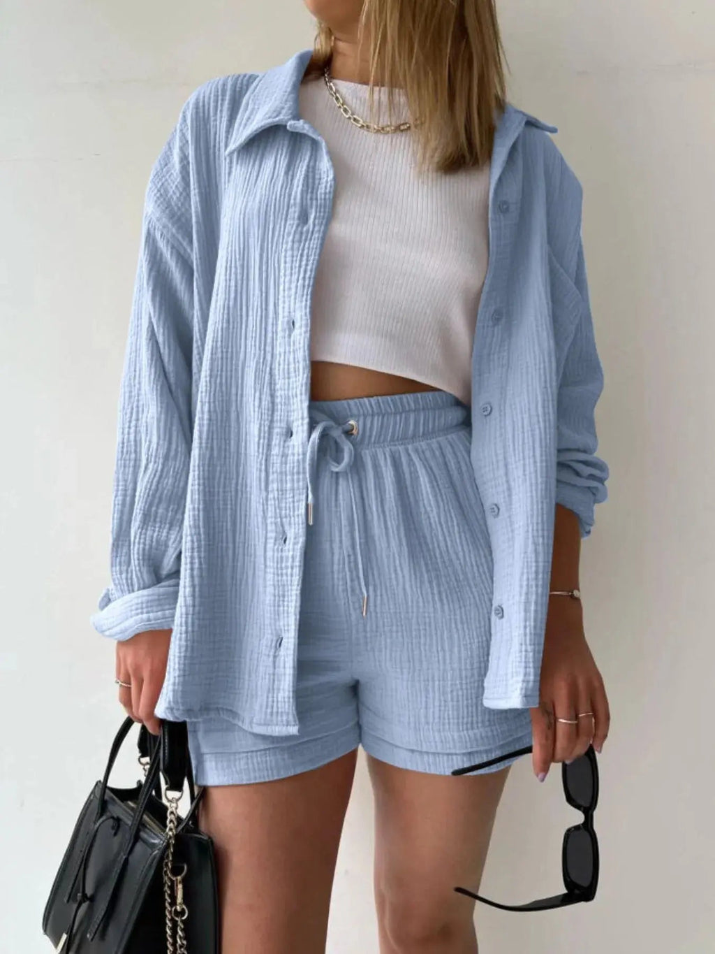Textured Button Up Shirt and Shorts Set - Charmdeals