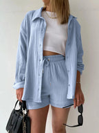 Textured Button Up Shirt and Shorts Set - Charmdeals