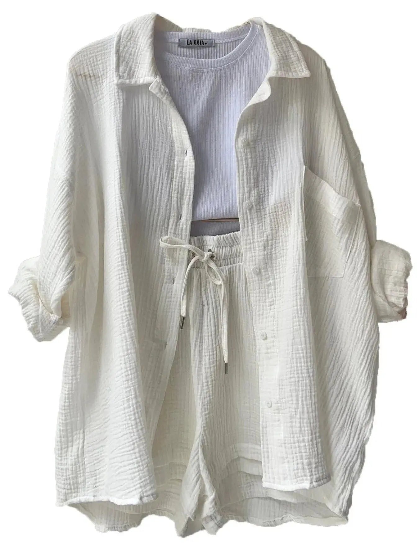 Textured Button Up Shirt and Shorts Set - Charmdeals