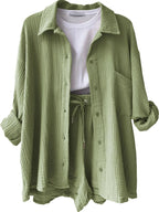 Textured Button Up Shirt and Shorts Set - Charmdeals