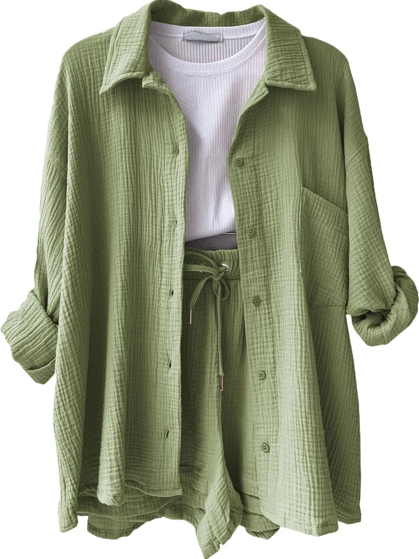 Textured Button Up Shirt and Shorts Set - Charmdeals